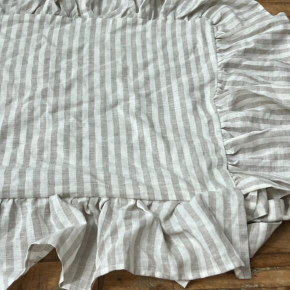 The White Linen Farmhouse Chair Cover Ruffled Striped White & Tan French Linen - Picture 3 of 12